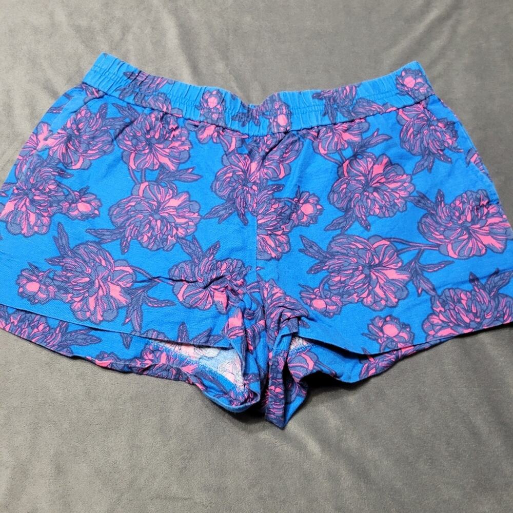 J Crew Shorts Womens Size 10 Linen Blue Pink Floral Comfort Stretch Pull On